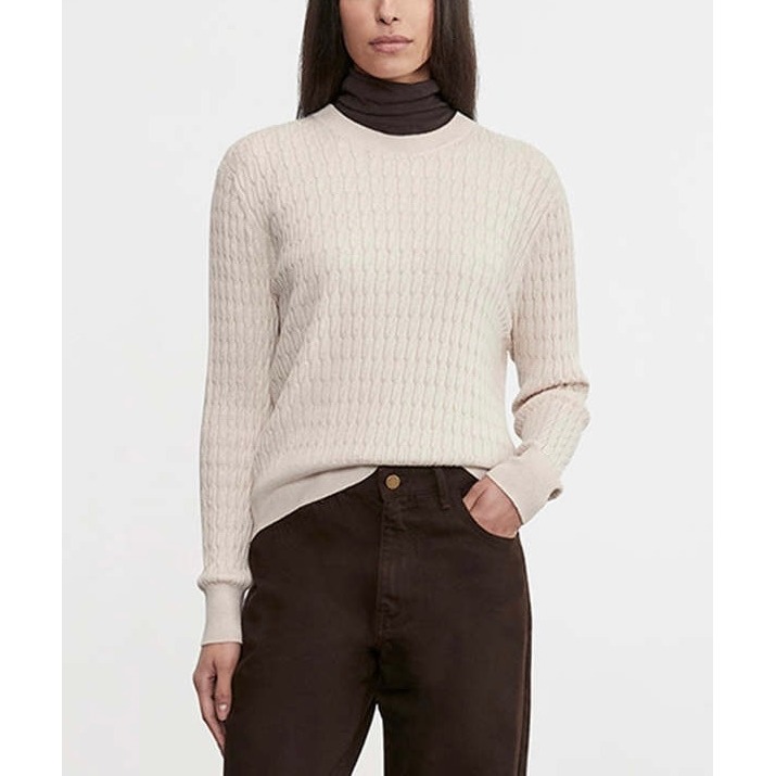 Enza Costa Sweater Women Medium Ivory Cashmere Cotton Cable Knit Easy Crew